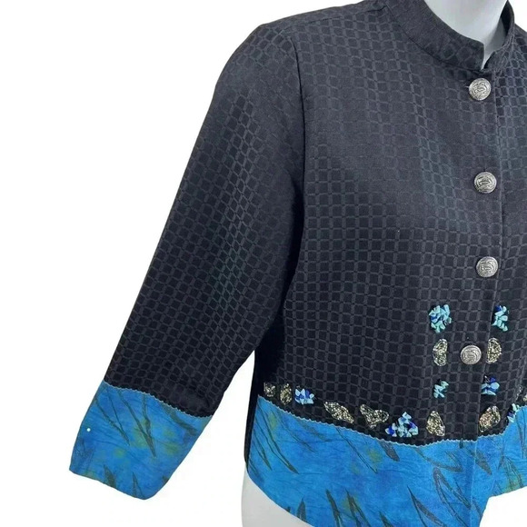 ALEX KIM Womens M Artful Mandarin Collar Jacket Front Embellish Embroidered Boho - Picture 3 of 16